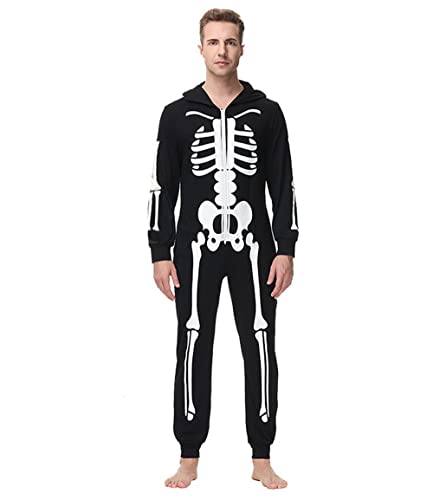 thematys Skelett Horror Jumpsuit Onesie mit Kapuze | Erwachsene | Halloween | Mottowoche | Karneval | Fasching | Cosplay | Anzug | Damen | Herren | Gruselig (Herren, S) von thematys