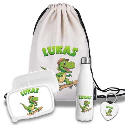 Kinder Schulset Brotdose, Trinkflasche, Turnbeutel personalisiert mit Namen | Set Wasserflasche Edelstahl | Lunchbox mit Trennwand | Geschenk zur Einschulung & Kindergarten | 8 - Dino Skateboard von timalo