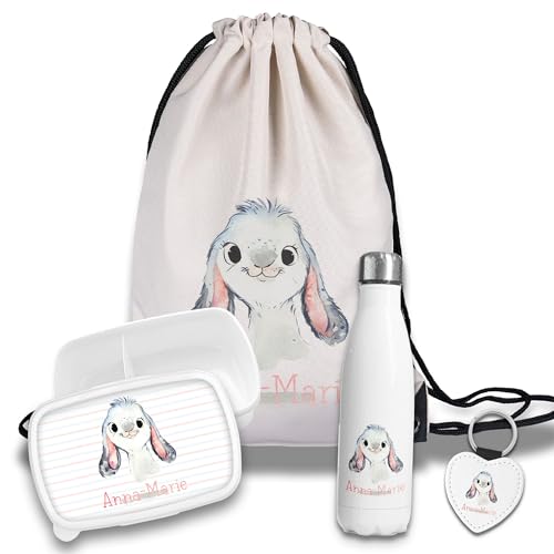 timalo Kinder Schulset Brotdose, Trinkflasche, Turnbeutel personalisiert mit Namen | Set Wasserflasche Edelstahl | Lunchbox mit Trennwand | Geschenk zur Einschulung & Kindergarten | 01- Hase von timalo