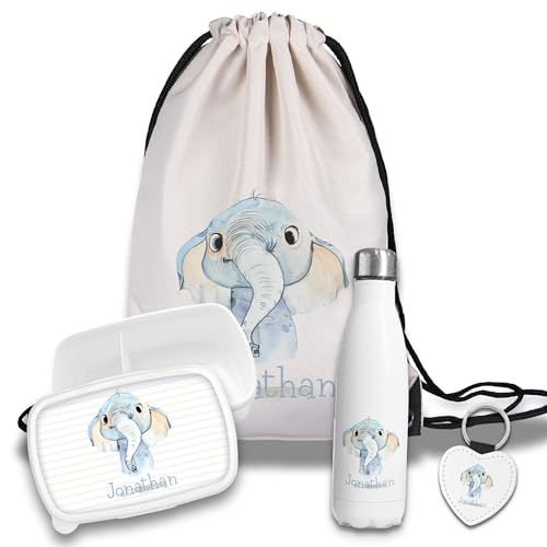 Kinder Schulset Brotdose, Trinkflasche, Turnbeutel personalisiert mit Namen | Set Wasserflasche Edelstahl | Lunchbox mit Trennwand | Geschenk zur Einschulung & Kindergarten | 03- Elefant Kinder Schulset Brotdose, Trinkflasche, Turnbeutel personalisiert mit Namen | Set Wasserflasche Edelstahl | Lunchbox mit Trennwand | Geschenk zur Einschulung & Kindergarten | 03- Elefant von timalo