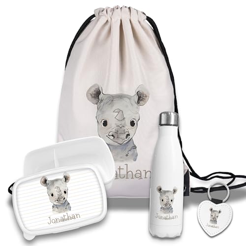 Kinder Schulset Brotdose, Trinkflasche, Turnbeutel personalisiert mit Namen | Set Wasserflasche Edelstahl | Lunchbox mit Trennwand | Geschenk zur Einschulung & Kindergarten | 07- Nashorn Kinder Schulset Brotdose, Trinkflasche, Turnbeutel personalisiert mit Namen | Set Wasserflasche Edelstahl | Lunchbox mit Trennwand | Geschenk zur Einschulung & Kindergarten | 07- Nashorn von timalo
