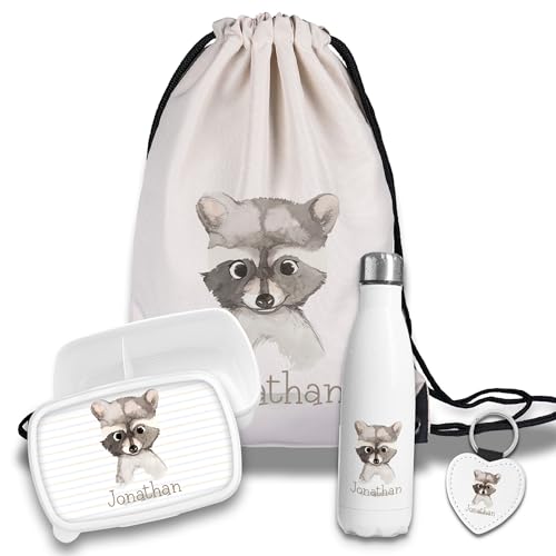 Kinder Schulset Brotdose, Trinkflasche, Turnbeutel personalisiert mit Namen | Set Wasserflasche Edelstahl | Lunchbox mit Trennwand | Geschenk zur Einschulung & Kindergarten | 08- Waschbär Kinder Schulset Brotdose, Trinkflasche, Turnbeutel personalisiert mit Namen | Set Wasserflasche Edelstahl | Lunchbox mit Trennwand | Geschenk zur Einschulung & Kindergarten | 08- Waschbär von timalo