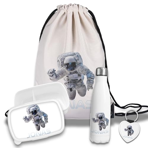 timalo Kinder Schulset Brotdose, Trinkflasche, Turnbeutel personalisiert mit Namen | Set Wasserflasche Edelstahl | Lunchbox mit Trennwand | Geschenk zur Einschulung & Kindergarten | 10 - Astronaut von timalo