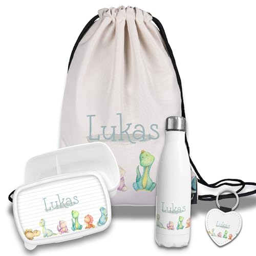 timalo Kinder Schulset Brotdose, Trinkflasche, Turnbeutel personalisiert mit Namen | Set Wasserflasche Edelstahl | Lunchbox mit Trennwand | Geschenk zur Einschulung & Kindergarten | 12- Dinosaurier von timalo