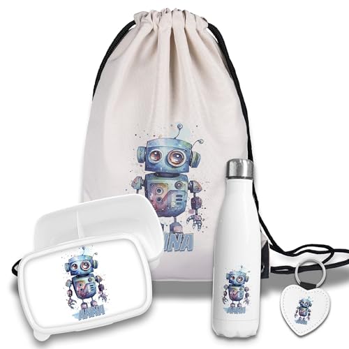 timalo Kinder Schulset Brotdose, Trinkflasche, Turnbeutel personalisiert mit Namen | Set Wasserflasche Edelstahl | Lunchbox mit Trennwand | Geschenk zur Einschulung & Kindergarten | 16 - Roboter von timalo