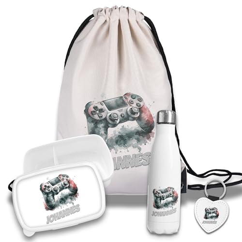 timalo Kinder Schulset Brotdose, Trinkflasche, Turnbeutel personalisiert mit Namen | Set Wasserflasche Edelstahl | Lunchbox mit Trennwand | Geschenk zur Einschulung & Kindergarten | 18 - Controller von timalo