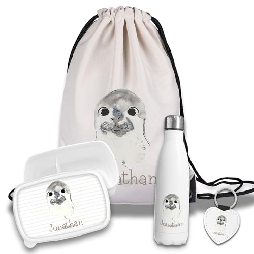 Kinder Schulset Brotdose, Trinkflasche, Turnbeutel personalisiert mit Namen | Set Wasserflasche Edelstahl | Lunchbox mit Trennwand | Geschenk zur Einschulung & Kindergarten | 22- Robbe Kinder Schulset Brotdose, Trinkflasche, Turnbeutel personalisiert mit Namen | Set Wasserflasche Edelstahl | Lunchbox mit Trennwand | Geschenk zur Einschulung & Kindergarten | 22- Robbe von timalo
