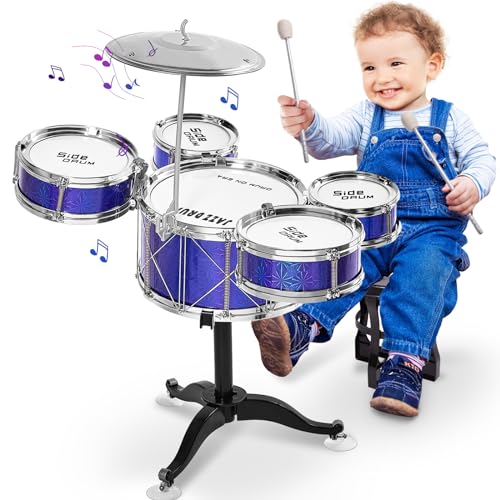 Tinylife Kids Drum Set, Jazz Drum Kit 5 Drums with Cymbals, Sticks, Drum Throne for Toddlers Little Rockstar Drum Set Toy for Baby 2 3 4 5 Year Old Boys Girls Gifts - Blue von tinylife