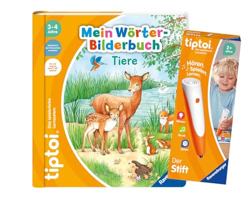 Ravensburger tiptoi Set: Mein Wörter-Bilderbuch | Tiere (Kinderbuch) + 00801 Der Stift - mit Aufnahmefunktion + 1x Create-Sticker von tiptoi