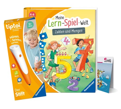 Ravensburger tiptoi Set: Meine Lern-Spiel-Welt - Zahlen und Mengen (Kinderbuch) + 00110 Stift + Kinder-Weltkarte, Lernspielzeug für Kinder von tiptoi