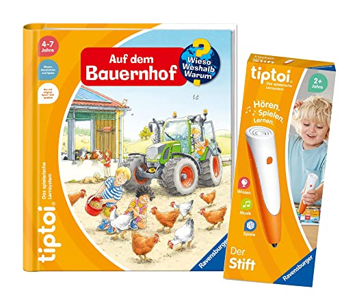 Ravensburger tiptoi Set: Wieso? Weshalb? Warum? Auf dem Bauernhof + 00110 tiptoi Der Stift, Lernspielzeug für Kinder von tiptoi