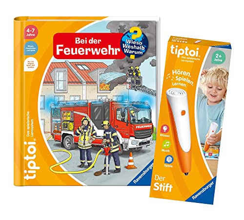 tiptoi Ravensburger Set: Wieso? Weshalb? Warum? Bei der Feuerwehr (Kinderbuch) + 00110 Stift, Lernspielzeug für Kinder von tiptoi