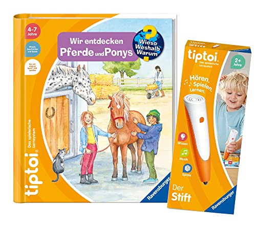 Ravensburger tiptoi Set: Wieso? Weshalb? Warum? Wir entdecken Pferde und Ponys (Kinderbuch) + 00110 tiptoi Der Stift, Lernspielzeug für Kinder von tiptoi