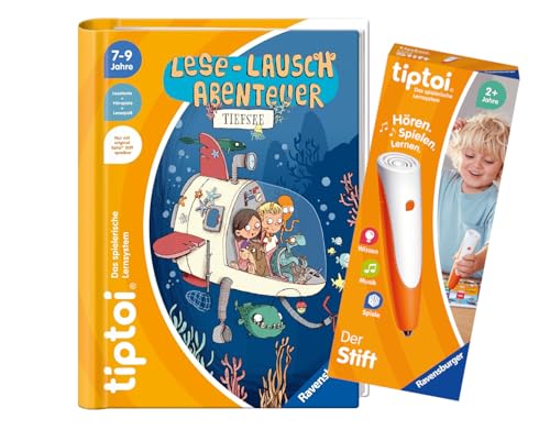 tiptoi Ravensburger Set: Lese-Lausch-Abenteuer | Tiefsee (Kinderbuch) + 00801 Der Stift - mit Aufnahmefunktion + 1x Create-Sticker von tiptoi