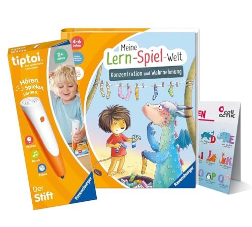 tiptoi Ravensburger Set: Meine Lern-Spiel-Welt: Konzentration und Wahrnehmung + 00110 Stift + ABC-Poster, Lernspielzeug für Kinder von tiptoi