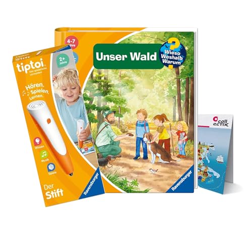 tiptoi Ravensburger Set: Wieso? Weshalb? Warum? Unser Wald + 00110 Stift + Kinder-Weltkarte, Lernspielzeug für Kinder von tiptoi