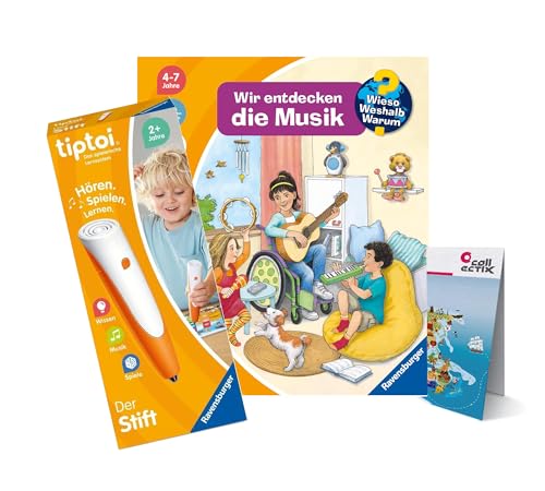 tiptoi Ravensburger Set: Wieso? Weshalb? Warum? Wir entdecken die Musik + 00110 Stift + Kinder-Weltkarte, Lernspielzeug für Kinder von tiptoi