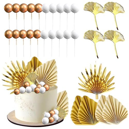 tlidfgeo Boho Cake Decorations, Kuchendekoration, Kugel, Palmenblätter, Kuchendekoration, goldene Kuchendekoration, Geburtstagskuchenaufsatz für Hochzeit, Geburtstag von tlidfgeo