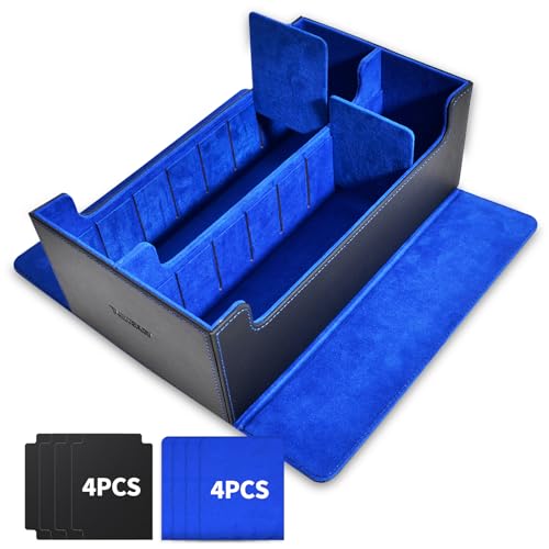 tombert Premium Kartenaufbewahrungsbox für MTG PTCG, Großes Fassungsvermögen mit 4 Fächern und 4 einsteckbaren Karten, 1200+ PU Leder Commander Card Deck Case (schwarz&blau) von tombert