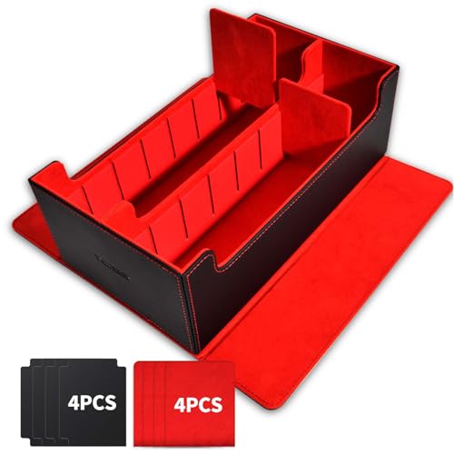 tombert Premium Kartenaufbewahrungsbox für MTG PTCG, Großes Fassungsvermögen mit 4 Fächern und 4 einsteckbaren Karten, 1200+ PU Leder Commander Card Deck Case (schwarz&rot) von tombert