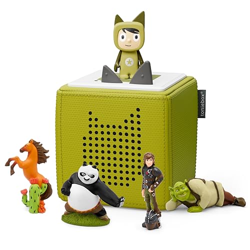 Toniebox Extrapack – Toniebox Starterset Grün mit Kreativtonie + 4 x DreamWorks Hörfiguren, Audioplayer für Hörbücher und Lieder, kabellose Musikbox mit DreamWorks Hörspiel von tonies