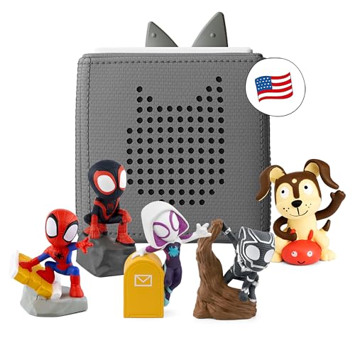 Toniebox Audio-Player-Starter-Set mit Spidey, Ghost-Spider, Spin, Black Panther und Spielwelpe, Hören, Lernen und Spielen mit einer kuscheligen kleinen Box, Grau von tonies