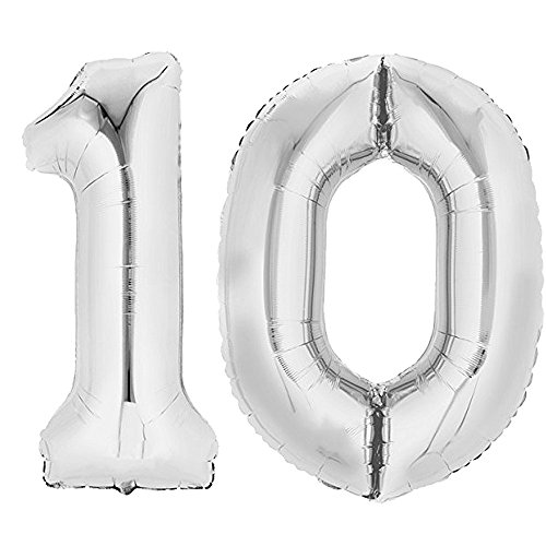 TOP TEN XXL Folienballon 80 cm Silber 10 Zahlenballon, Luftballon, Geburtstag, Heliumballon von TOP TEN