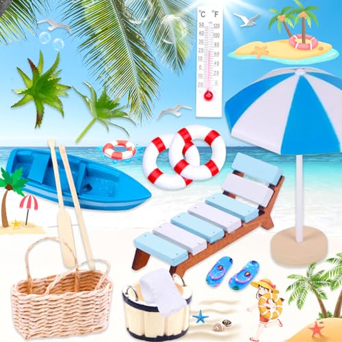 truee 15 Stück Miniatur Deko Strand, Mini Stranddekorationen, Miniatur Deko Strand Deko Für DIY, Miniliegestuhl Strandkorb, Miniliegestuhl Sonnenschirm, Sonnenschirm Kleine Palme Deko Accessoires von truee