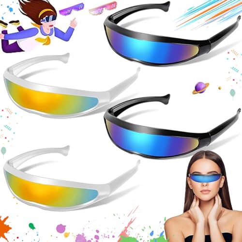 truee 4 Stück Rave Brille, Währung Futuristische Sonnenbrille, Futuristische Verspiegelte Sonnenbrille, Coole Space Brille, Futuristische Sonnenbrille Zyklop, Für Rollenspiel, Bar, Disko (2 Farben) von truee