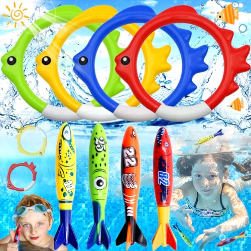 truee 8 Stücke Tauchtorpedospielzeug, Tauchring, Sinkendes Poolspielzeug, Tauchspielzeug für Kinder, Schwimmspielzeug für Den Sommerpool, Unterwasser Tauchen Pool, Für Strand und Baden(5Farben) von truee