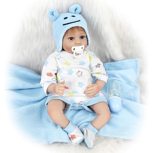 truly soft Realistische Reborn Babypuppe, 55 cm, mit Zubehör, Blauer Bärenmütze und Schlafanzug, Geschenkset von truly soft