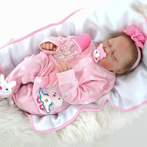 truly soft Reborn Babypuppe, 55 cm, Rosa Strampler mit Hasen-Design, Schlafend, mit Flasche und Schnuller von truly soft