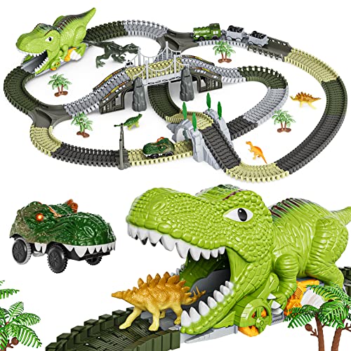 Dinosaurier Spielzeug Rennstrecke, 281 Spielzeug Dinosaurierzug Geschenk für Kinder von 3 4 5 6 Jahren, Flexible Eisenbahnen mit 4 Dinosauriern, 2 elektrische Rennwagen mit Lichtern von TUMAMA