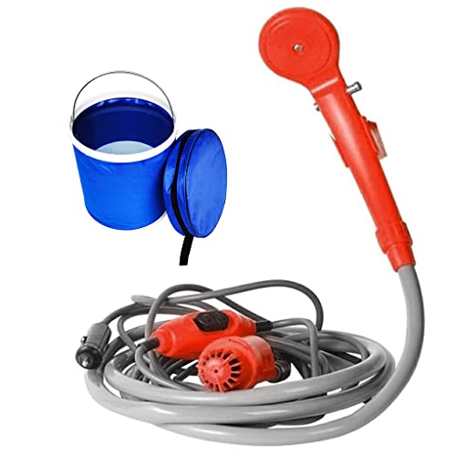 tuwiwol Camping Auto Dusche 12V Elektrische Bad Kit Kopf Fahrzeug montiert Klapp Blühende Pflanzen Bewässerung Reise Angeln Haustier, Orange, Reißverschluss + Eimer von tuwiwol