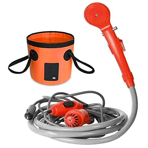 tuwiwol Camping Auto Dusche 12V Elektrische Bad Kit Kopf Fahrzeug montiert Klapp Blühende Pflanzen Bewässerung Reise Angeln Haustier, Orange, mit Eimer von tuwiwol