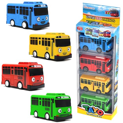 4 Stück Mini Bus Spielzeug Plastik Kinderidee Mini Bus Autos Big Pull Back Spielzeugautos Mit Lenkung und Türöffnung Modell Geeignet für Partys, Kuchendekoration von tyokas