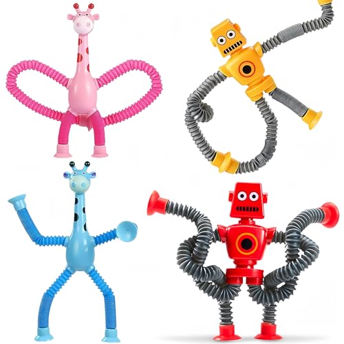 tyokas 4 Stück Teleskop Saugnapf Spielzeug Giraffe Spielzeug Roboter Pop Röhren Sensorik Spielzeug Eltern Kind Spielzeug zum Stressabbau Wird Verwendet, um Stress und Ängste zu Reduzieren von tyokas