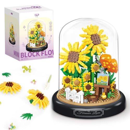 tyokas Blumen Bausteine Set Sonnenblumen Bausteine Set 558 Teile mit Schutzhülle Klemmbausteine Blumenstrauß Künstliche Sonnenblumen Blumenstrauß Bausteine Geeignet zur Dekoration von Räumen,Büros von tyokas