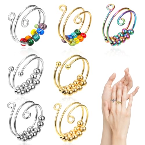 7 Stück Fidget Ring Anti Stresst Ringe, Antistress Spielzeug, Anxiety Ring, Angst Spinning Ring Mit Perlen, Antistress Ringe Verstellbares Fingerspitzen Spielzeug Set, Stressringe für Frauen von uinnossvc