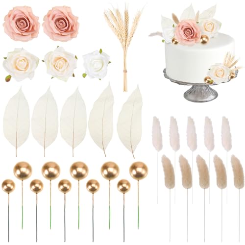 35 Stk Boho Kuchendekorationsset, Künstliche Rosenblüten, Magnolienblätter, Schweif Gras, Gerste, Getrocknete Blumenstrauß Bälle, Wiederverwendbare DekoTorte für Geburtstags, Hochzeitsfeiern von uinnossvc