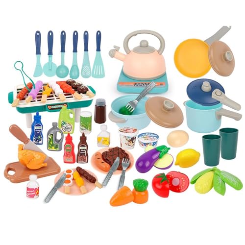 Kinderküchen-Spielset mit Kindertöpfen, Küchenzubehör zum Rollenspiel - 55-teiliges Kochspielset für Kleinkinder - Kochutensilien, tägliches Essen, Obst und Gemüse, Küchenspielset mit von ulapithi
