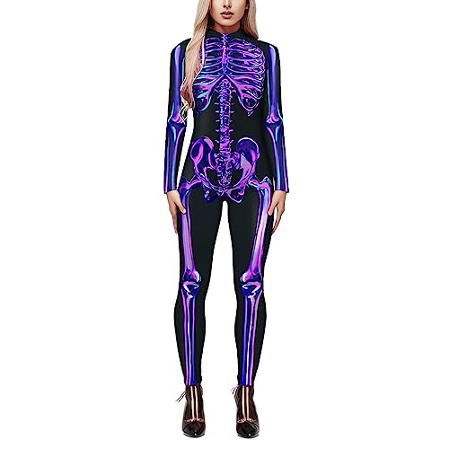 umifyxioy Halloween Kostüm Damen, Halloween KostüM Skelett Damen Jumpsuit 3D Print Langarm Skinny Cosplay Knochen Overall Fasching Halloween Karneval Skeleton Bodysuit Skelett Anzug Damen von umifyxioy