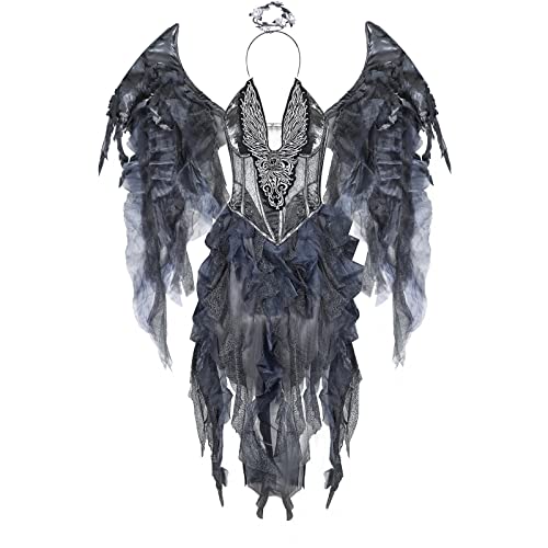 umifyxioy Halloween Kostüm Damen, Halloween Kostüm Damen Dunkler Engel Kostüm Gothic Kleid mit Engel Flügel Damen Festlich Retro Halloween Engel Kostüm Schwarz Maxikleid Cosplay Große Größen von umifyxioy