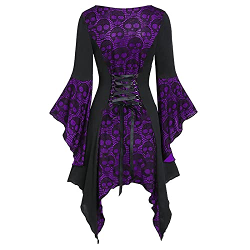 umifyxioy Karneval Kleider Damen, Gothic Kleidung Damen Kariert Trompetenärmel Mittelalter Kostüm Karneval Party Cosplay Steampunk Minikleid Renaiss Historisches Hexenkostüm Tunikakleid Mantel von umifyxioy