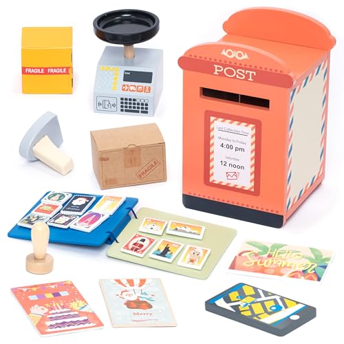 UMU® Holz Post Spielset - inkl. Briefkasten, Briefmarken, Postzubehör für Kinder ab 3 4 5 6 Jahren, Pädagogisches Holzspielzeug für Rollenspiele, Fördert Kreativität von umu