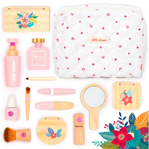 UMU® Kinder Holz Design Schmink-Set mit Kosmetiktasche inkl. Make-up, Spiegel, Parfüm u. v. m., Kosmetikkoffer zum Rollenspiel, 12 STK Holzschminke Spielzeug für 3, 4, 5 Jahre alt Mädchen von umu