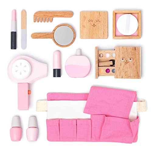 UMU® Kinder Holz Kosmetik Spielset mit Tasche inkl. Make-up, Föhn, Spiegel, Parfüm u. v. m., Kosmetikkoffer zum Rollenspiel, 12 STK Schminkset, Holzschminke Spielzeug für 3, 4, 5 Jahre alt Mädchen von umu