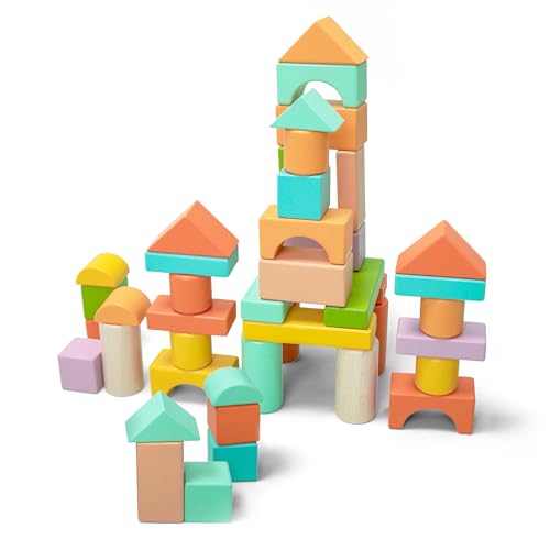 umu® Kinder Bausteine-Set aus Holz - 100 Bunte Holzblöcke aus Massivholz, Holzbausteine für Kleinkinder von 1 Jahr von umu