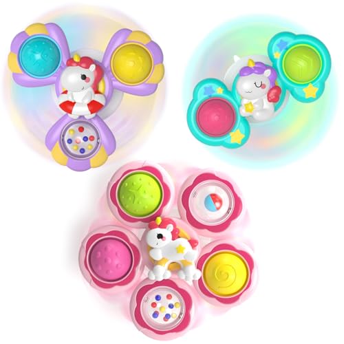 Usrela Saugnapf Spinner Spielzeug für Baby Kinder, 3 Pcs Fidget Spinner Spinning Saugspielzeug für Bad Fenster Hochstühle Flugzeug Reise, Badespielzeug Geburtstagsgeschenk ab 1 2 3 Jahre Kleinkinder von usrela