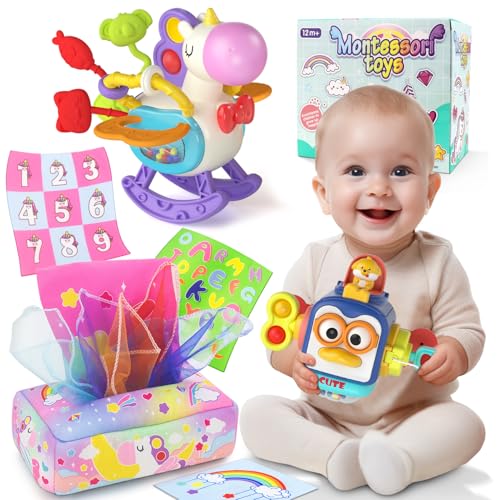 usrela Baby Spielzeug 6-12 Monate - Spielzeug ab 1 Jahr, Tücherbox Box Montessori Spielzeug Busy Board Sinnesspielzeug, Einhorn-Zugschnur-Beißring, Jungen&Mädchen Frühes Lernspielzeug Baby Geschenke von usrela